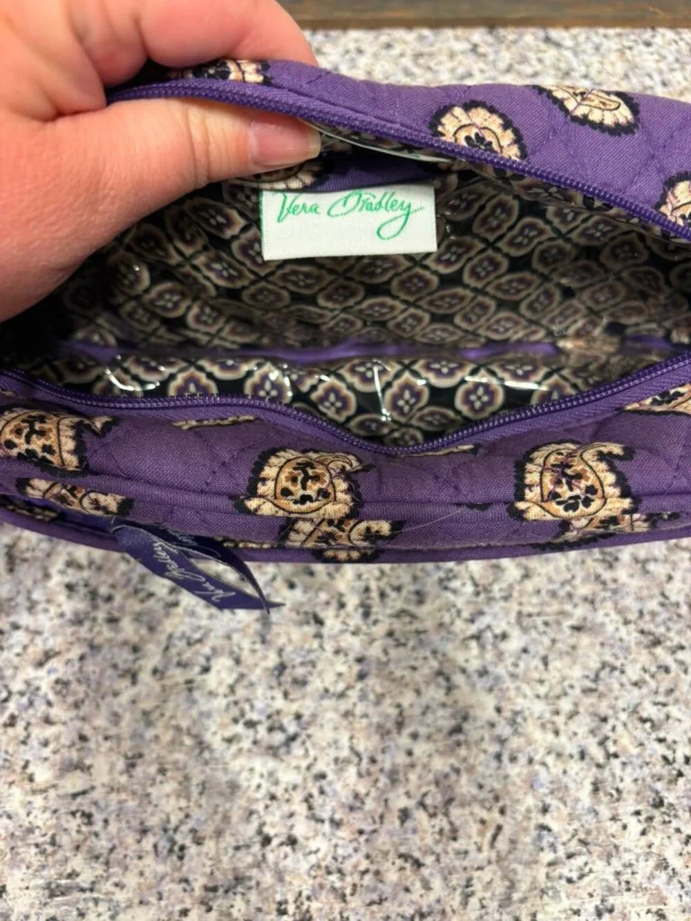 Vera Bradley Purple Quilted Paisley Fabric Zip Makeup Bag with Pockets